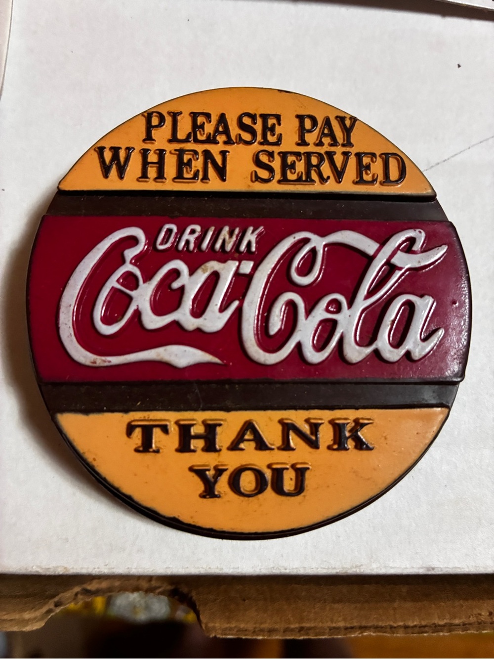 Vintage Coca Cola Magnet Orange and Red Round 'Please Pay When Served'